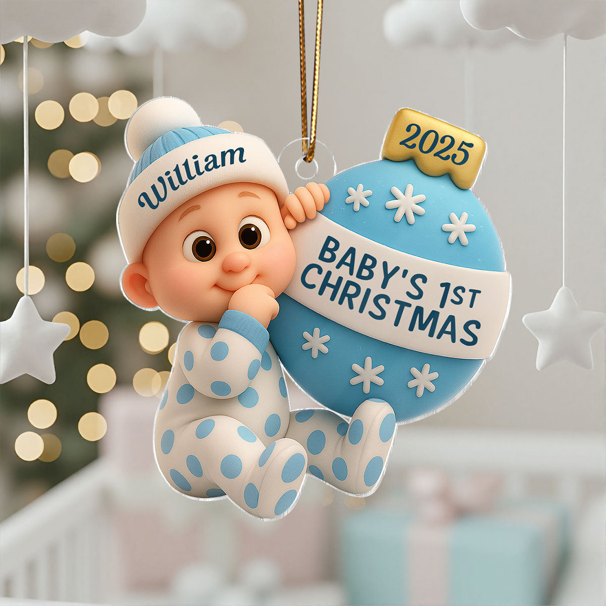 3D Effect Cute Cartoon Baby Beside Christmas Bauble Baby's 1st Christmas Personalized Acrylic Flat Ornament