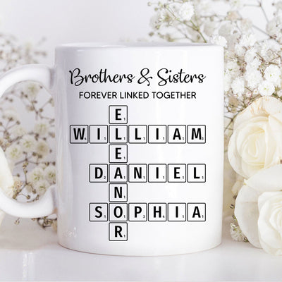 Brothers & Sisters Forever Linked Together Crossword Puzzle Art Personalized Mug, Gift For Brothers, Sisters, Siblings, Family