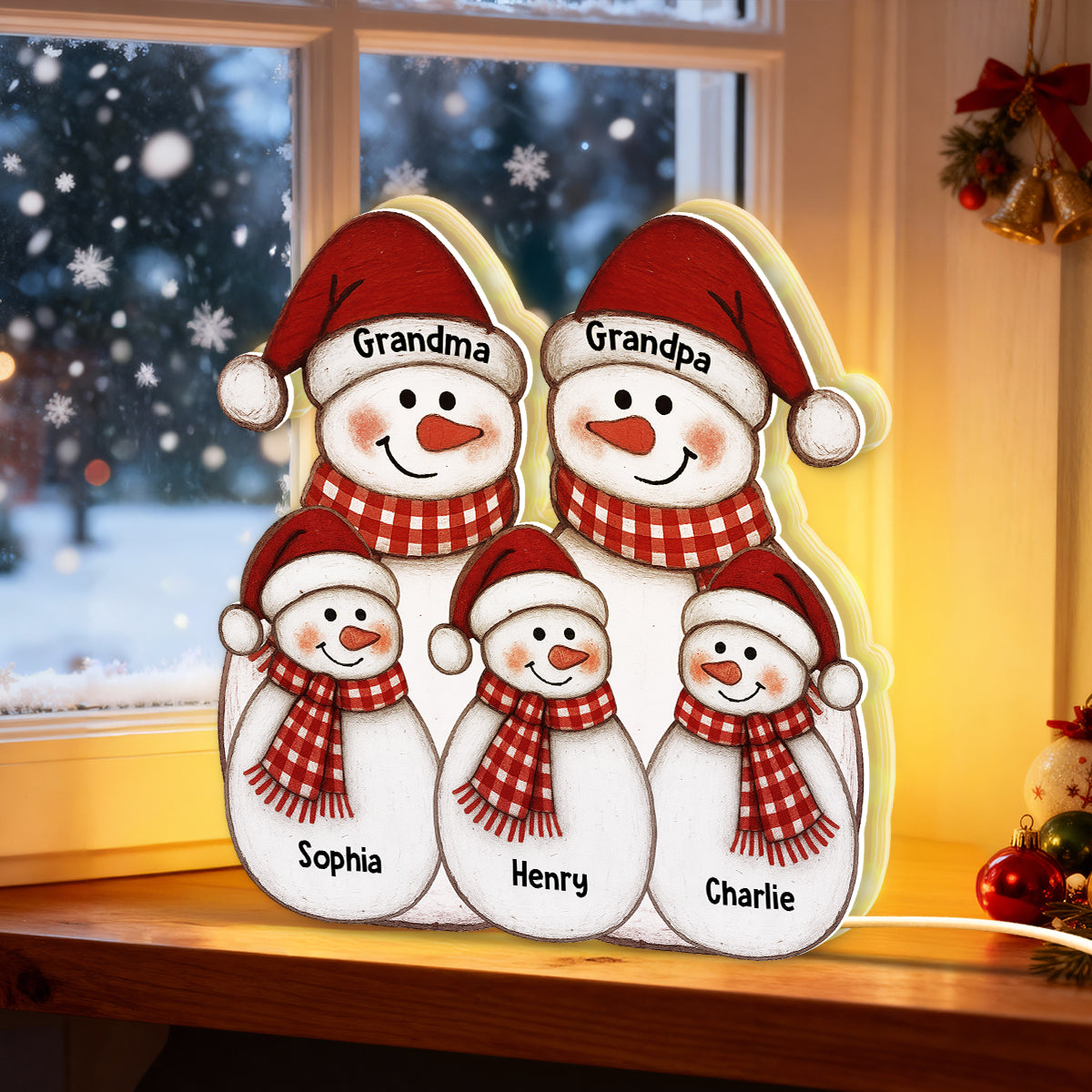Folk Art Cute Snowman Grandma Grandpa & Grandkid - Personalized Light Box - Christmas Decor For Grandparents