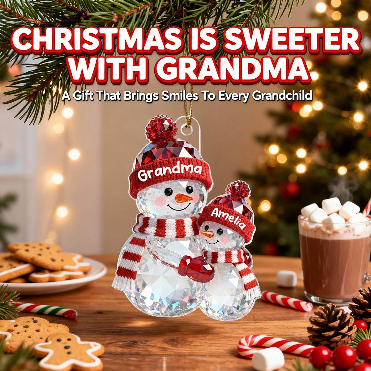 3D Effect Flat Snowman Grandma Hugging Grandkid Christmas - Personalized Acrylic Ornament - Gift For Grandkids