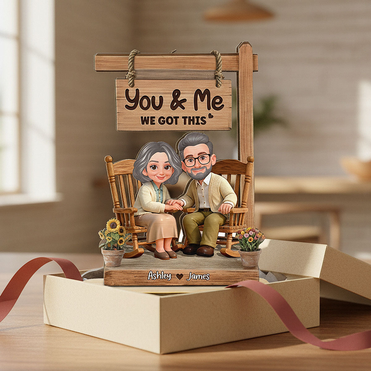 Old Couple Sitting Together Hand On Hand 2D Flat - Personalized 2-Layered Wooden Plaque - Anniversary, Valentine's Day Gift For Him, Gift For Her
