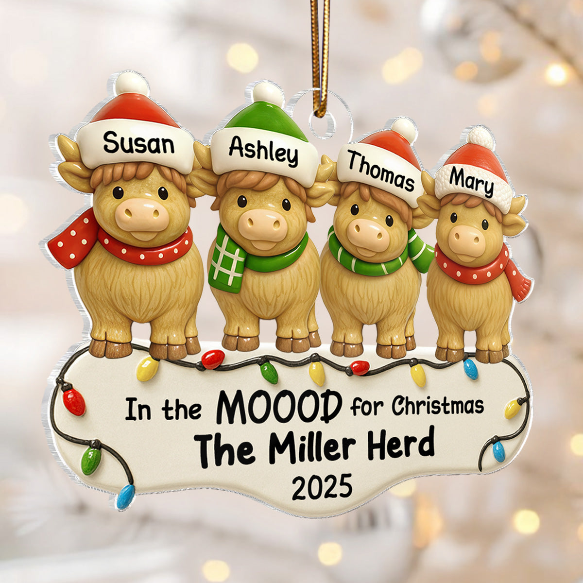 3D Effect Highland Cows Family Herd In The Moood For Christmas Personalized Acrylic Ornament, Christmas Decor