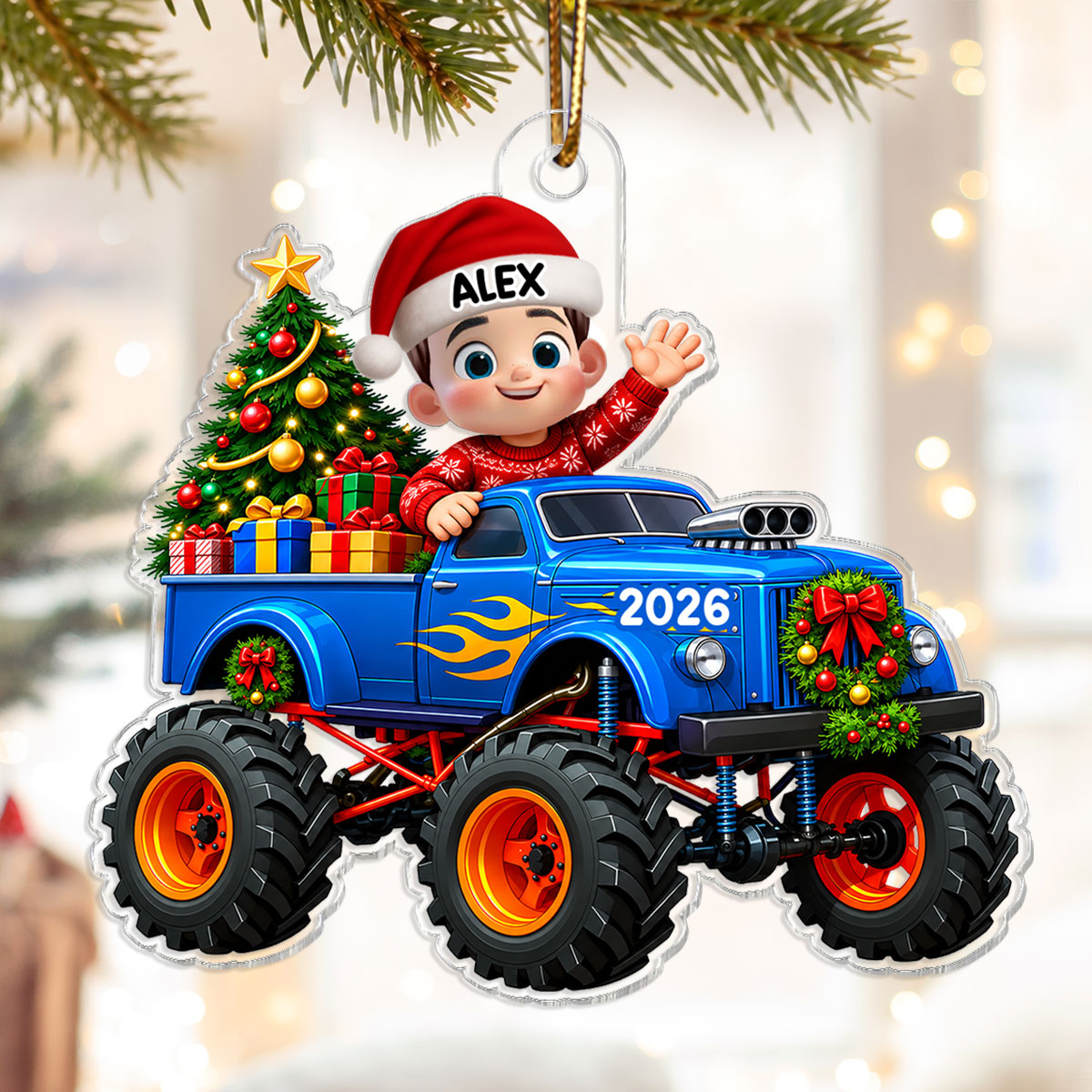 Little Kid With Monster Truck - Personalized Acrylic Ornament - Christmas Gift For Kids, Grandkids, Grandson, Granddaughter, Son, Daughter