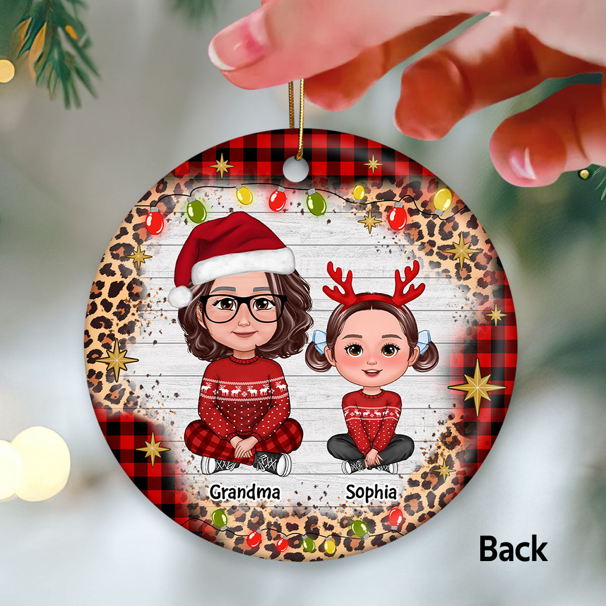 Checkered And Leopard Grandma Grandkids Sitting Personalized Double Sided Circle Ornament
