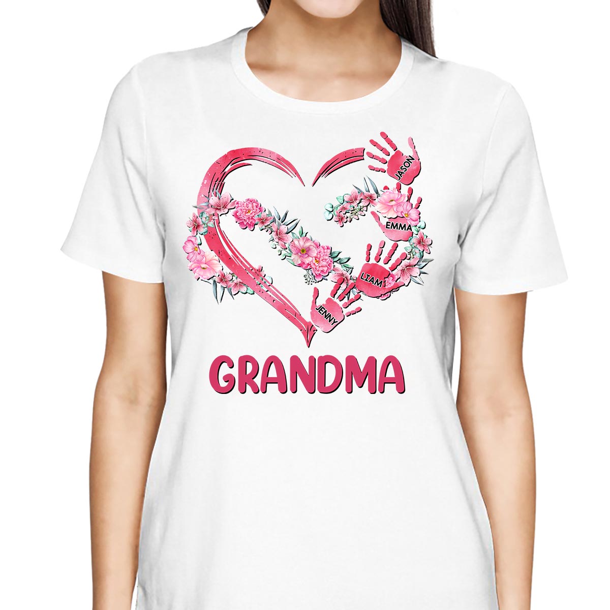 Grandma Mom Infinity Flowers Heart Hands Personalized Shirt