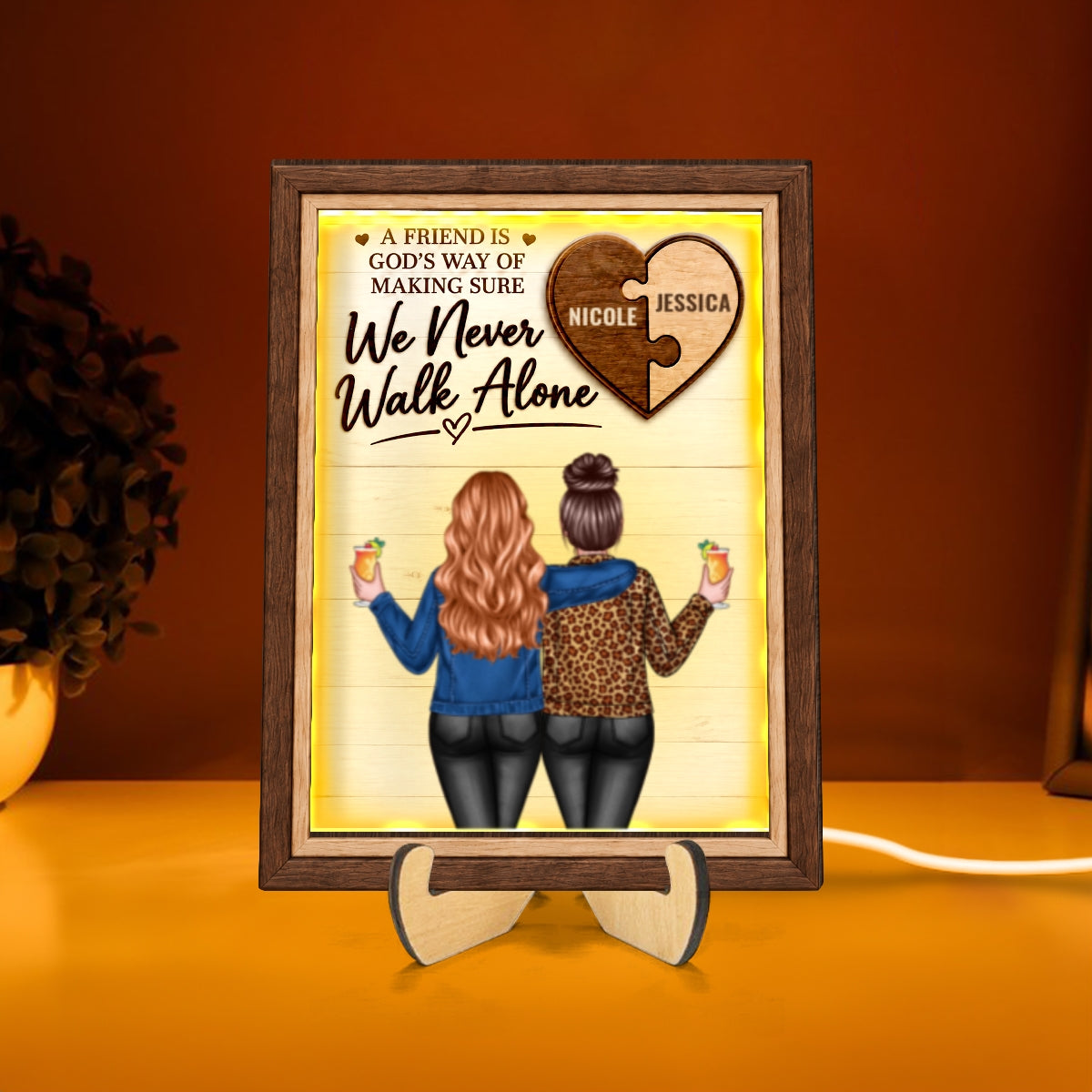 We Never Walk Alone - Personalized 2-Layered Wooden Plaque LED Light - Heartfelt Christmas Gift for Best Friends