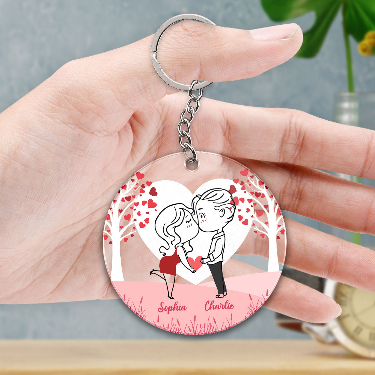 Line Art Couple Heart Tree Personalized Acrylic Keychain