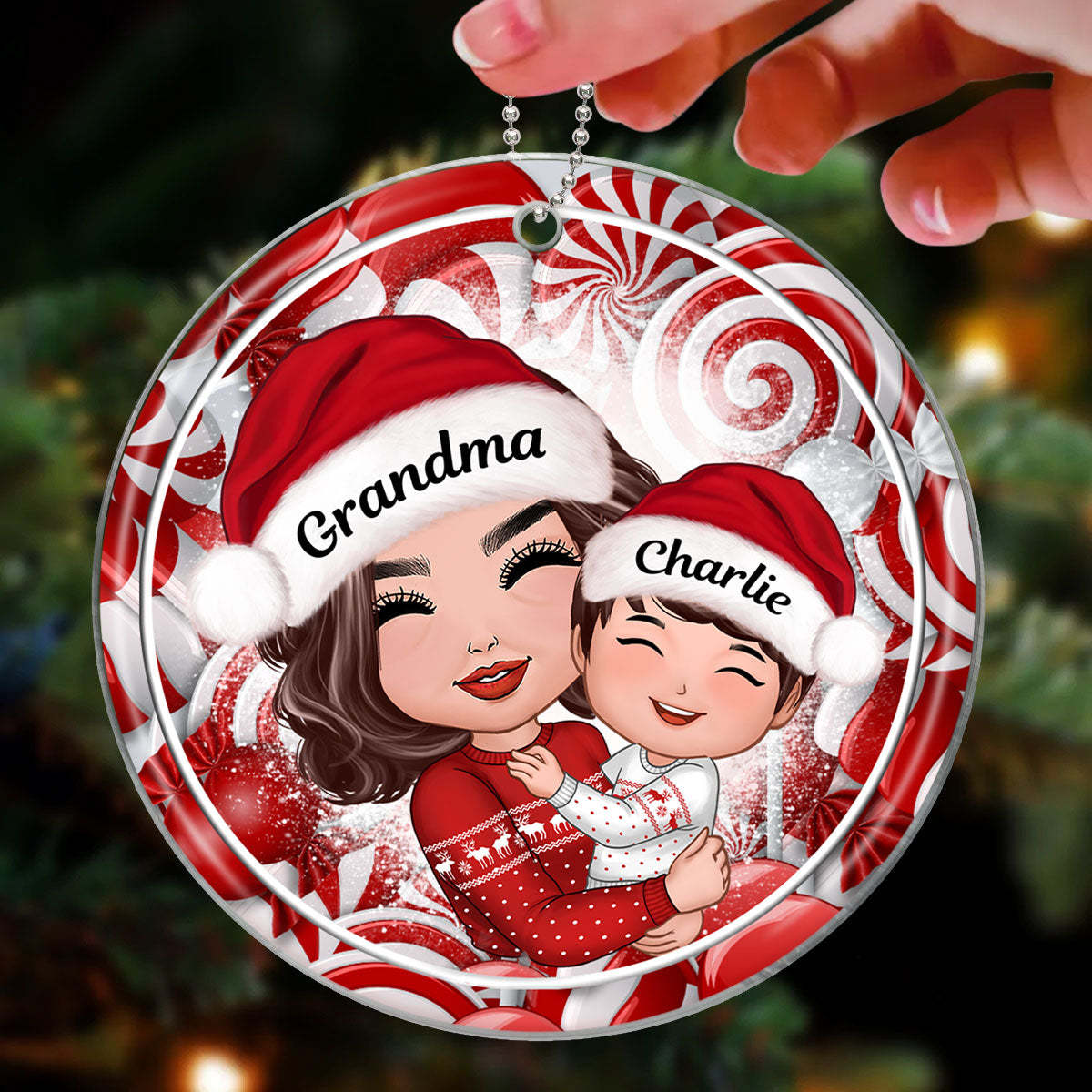 Christmas Candy Cane Grandma Hugging Grandkid Personalized Acrylic Ornament