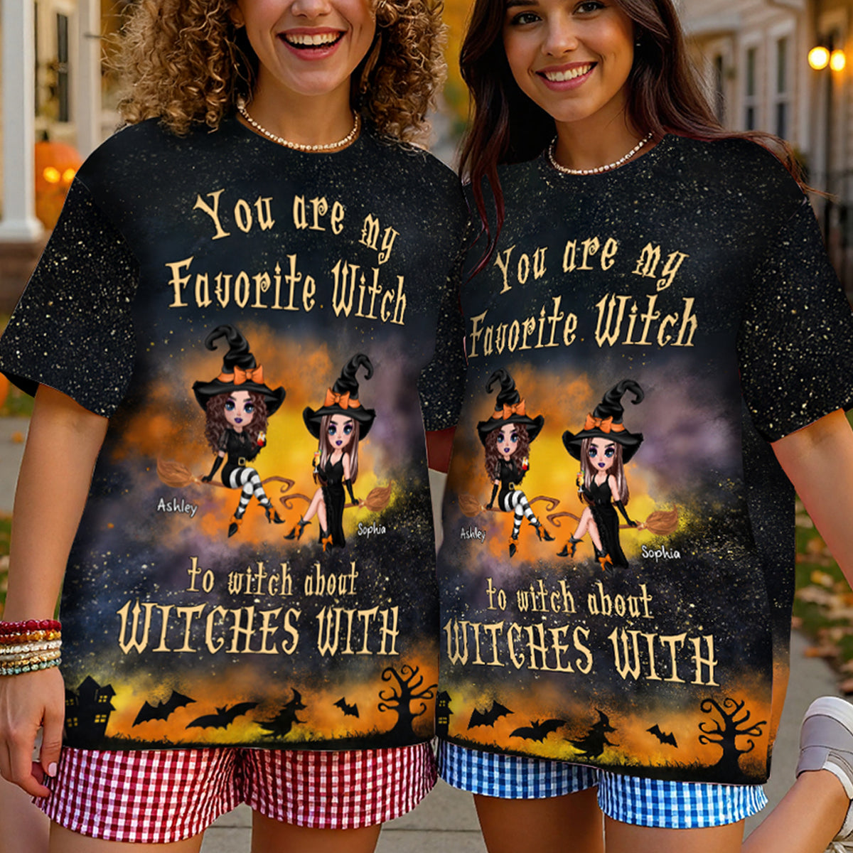 Pretty Witch Besties Witchy Ombre Tie-Dye Pattern Personalized Shirt, Perfect Halloween Matching Costume for Besties