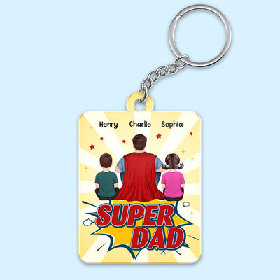Super Dad And Kids Dogs Cats Back View Personalized Acrylic Keychain