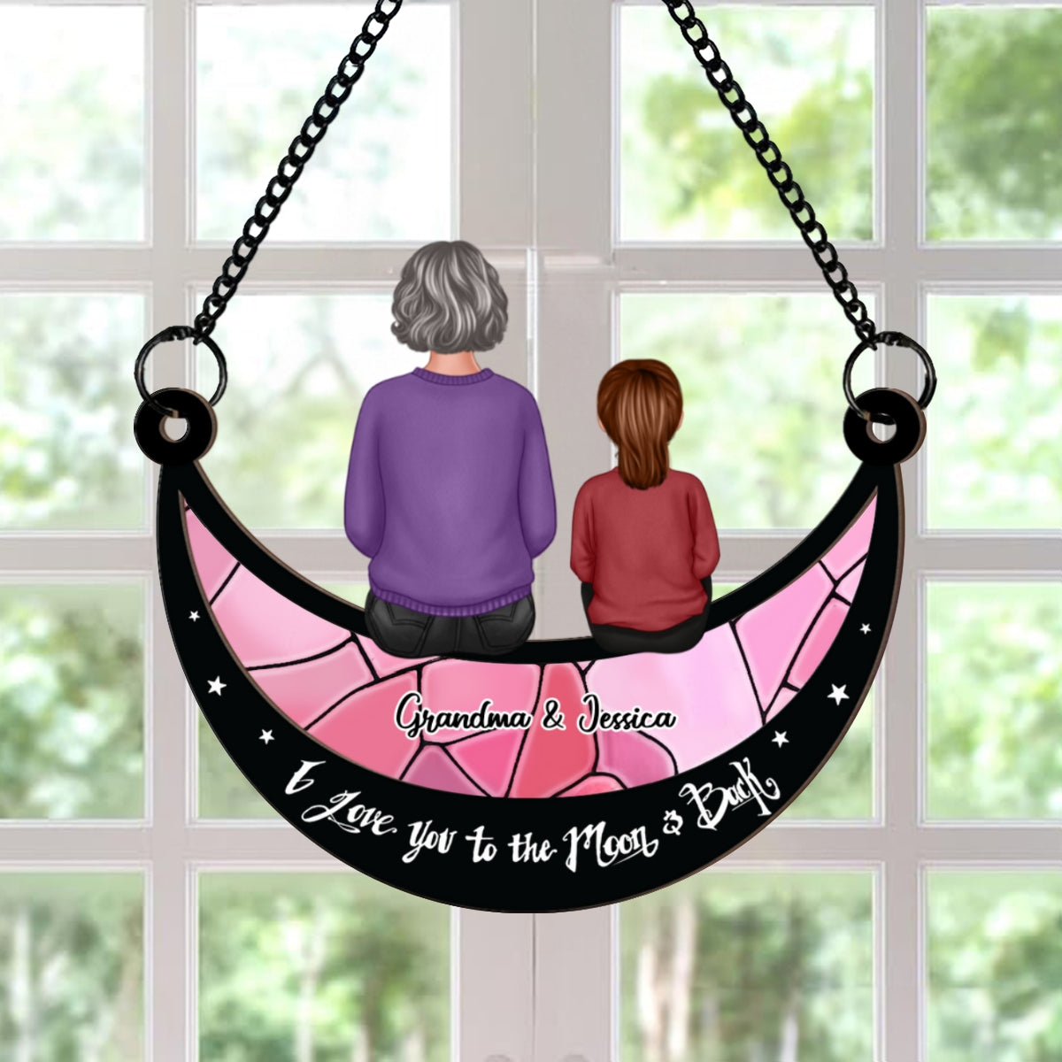 Grandma Grandkid On Moon Personalized Window Hanging Suncatcher Ornament, Gift for Mom, for Grandma