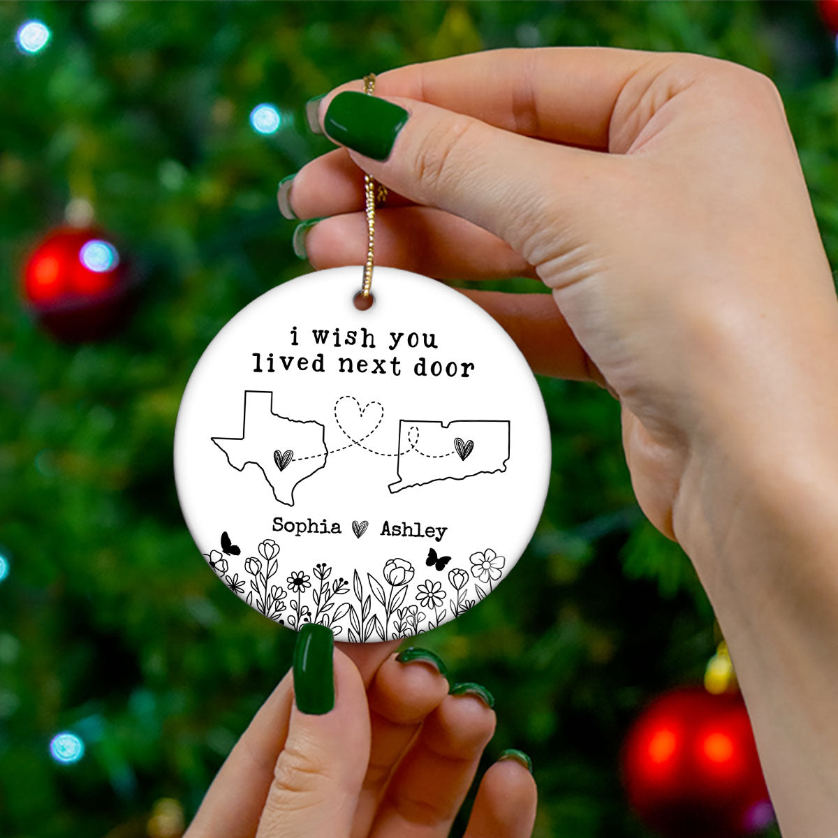 Besties Sisters Long Distance Wildflowers Personalized Circle Ornament, Togetherness Gift
