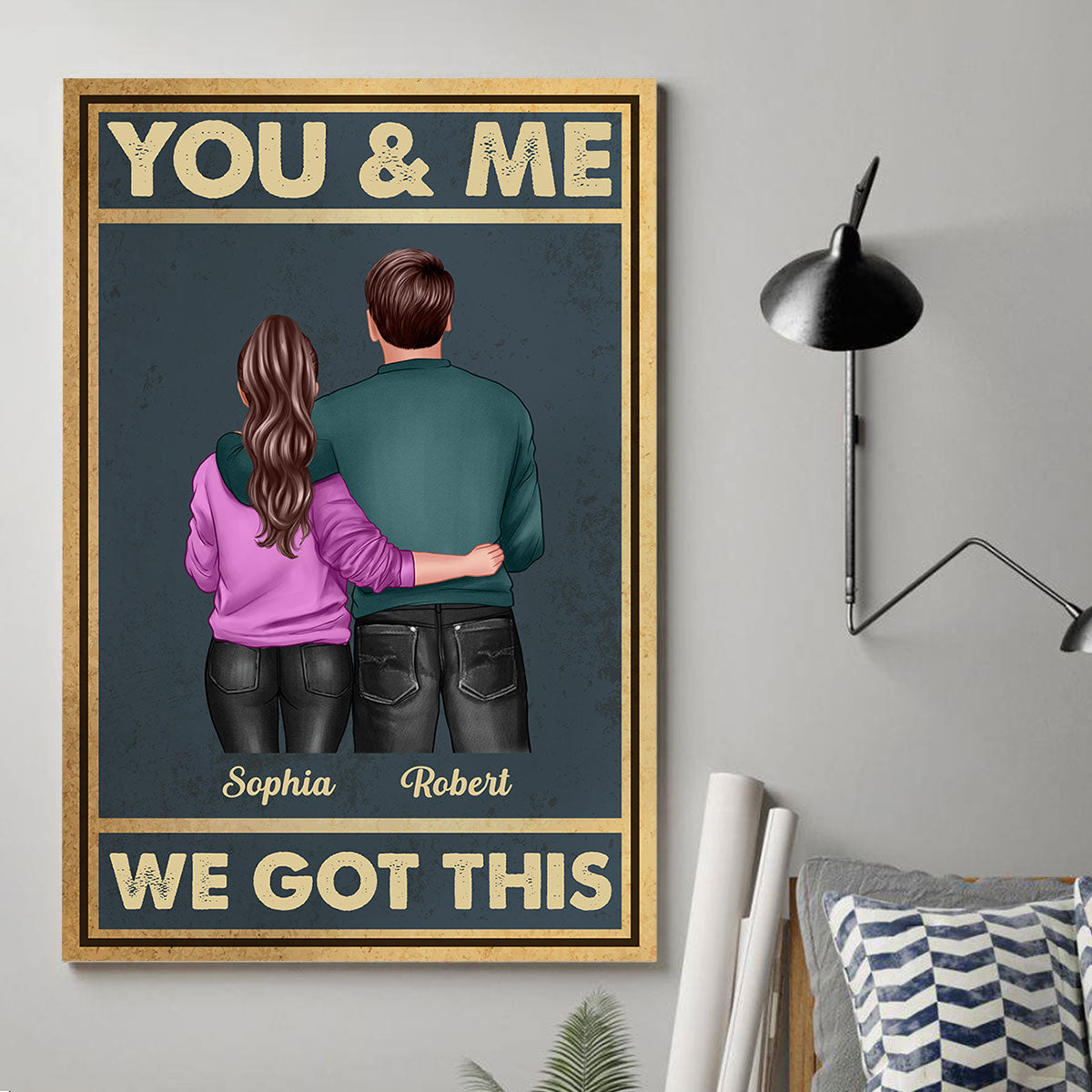 Vintage Background Back View Couple Hugging You & Me We Got This Personalized Vertical Poster