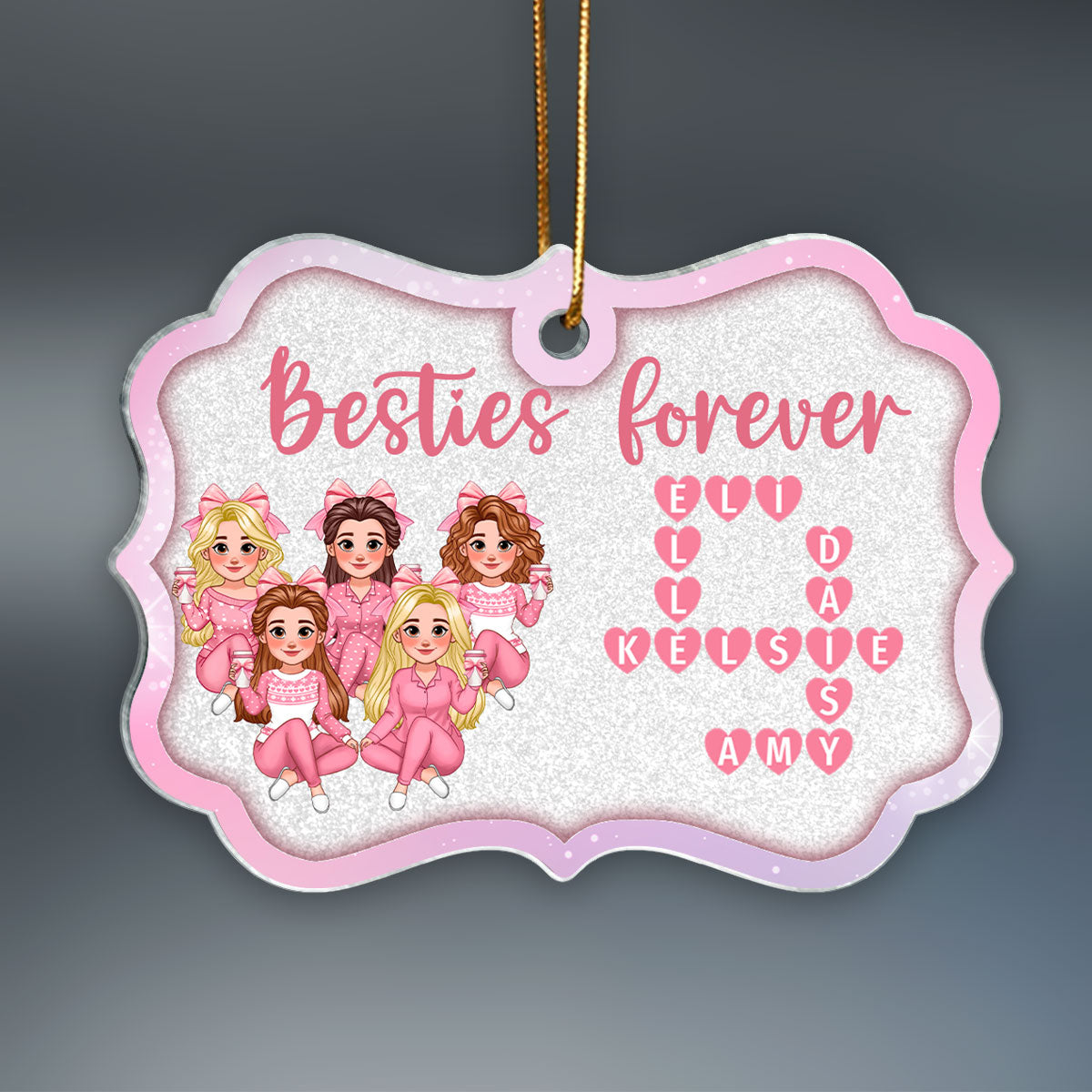 Besties Forever Pink Theme Heart Crossword Personalized Acrylic Ornament