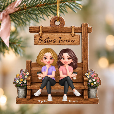 Besties Sisters Sitting Under Sign Post - Personalized Wooden Ornament - Christmas Gift for Best Friends, Sisters