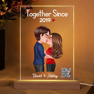 Doll Couple Kissing Together Since Favorite Song Scannable QR Code Gift For Him For Her Personalized Rectangle Acrylic Plaque LED Night Light
