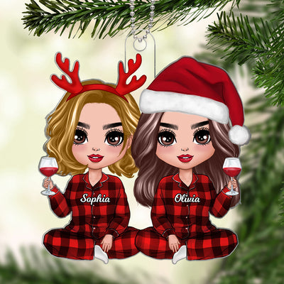 Christmas Pajamas Doll Besties Sisters Sitting Personalized Acrylic Ornament