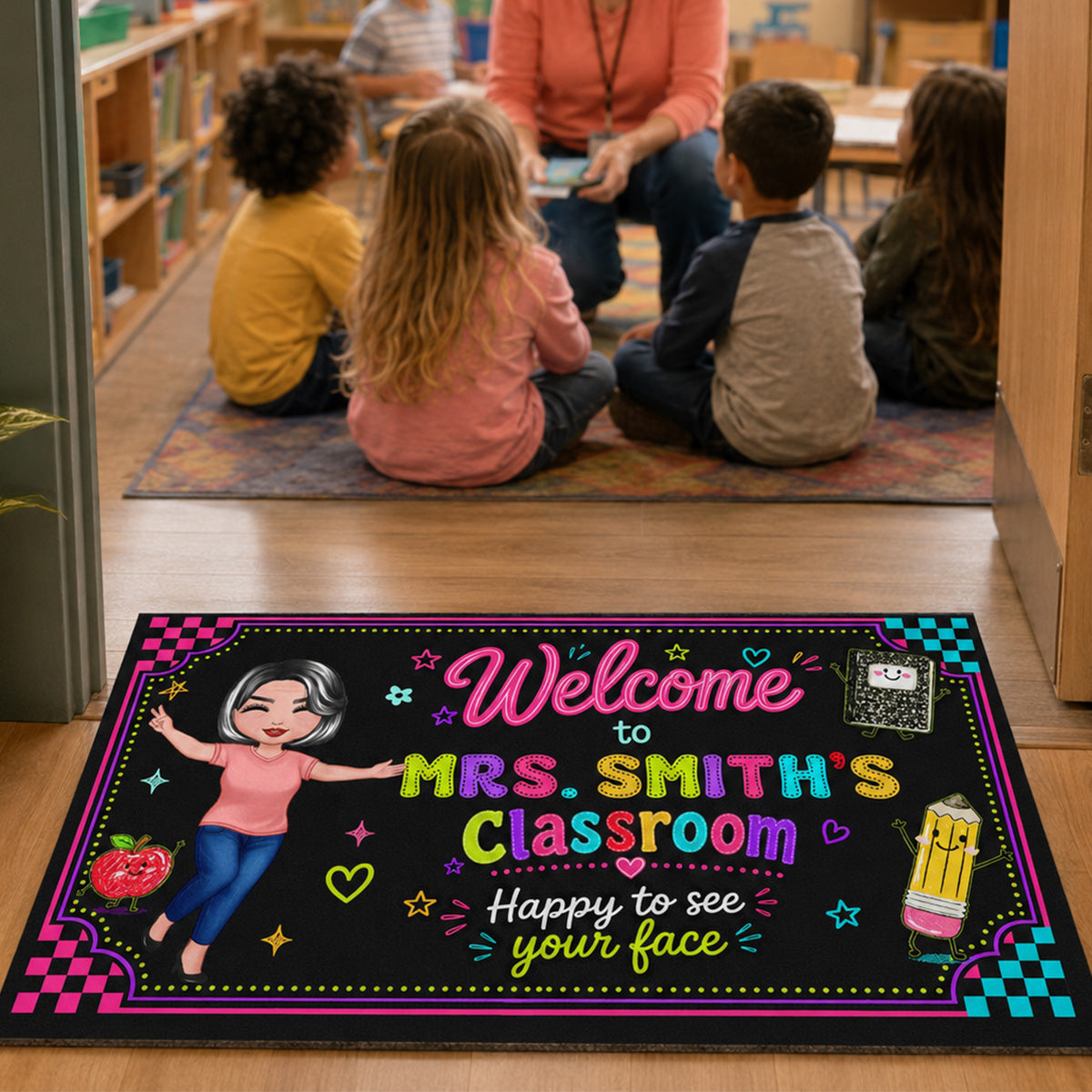 Happy To See Your Face Happy Teacher Preppy Neon Theme - Personalized Doormat - Classroom Students Welcome Decor