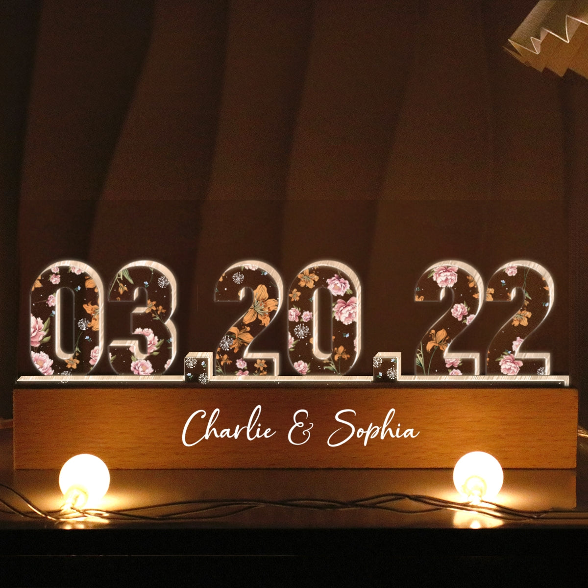 Couple Engagement Wedding Anniversary Special Date Custom Flower Printed LED Night Light, Unique Valentine's Day Gift For Him, Gift For Her