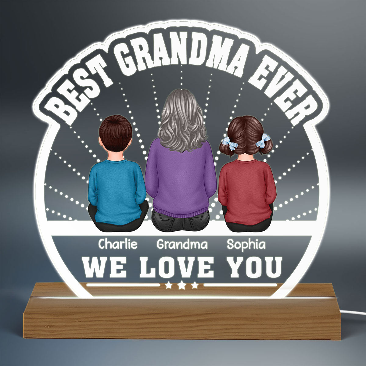 Best Grandma Ever Back View Woman & Grandkids Personalized Custom Shaped Acrylic Plaque With LED Night Light