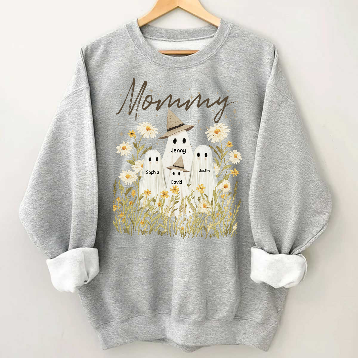 Cute Ghost Grandma And Kids In Wildflowers Spooky Fall Personalized Sweatshirt