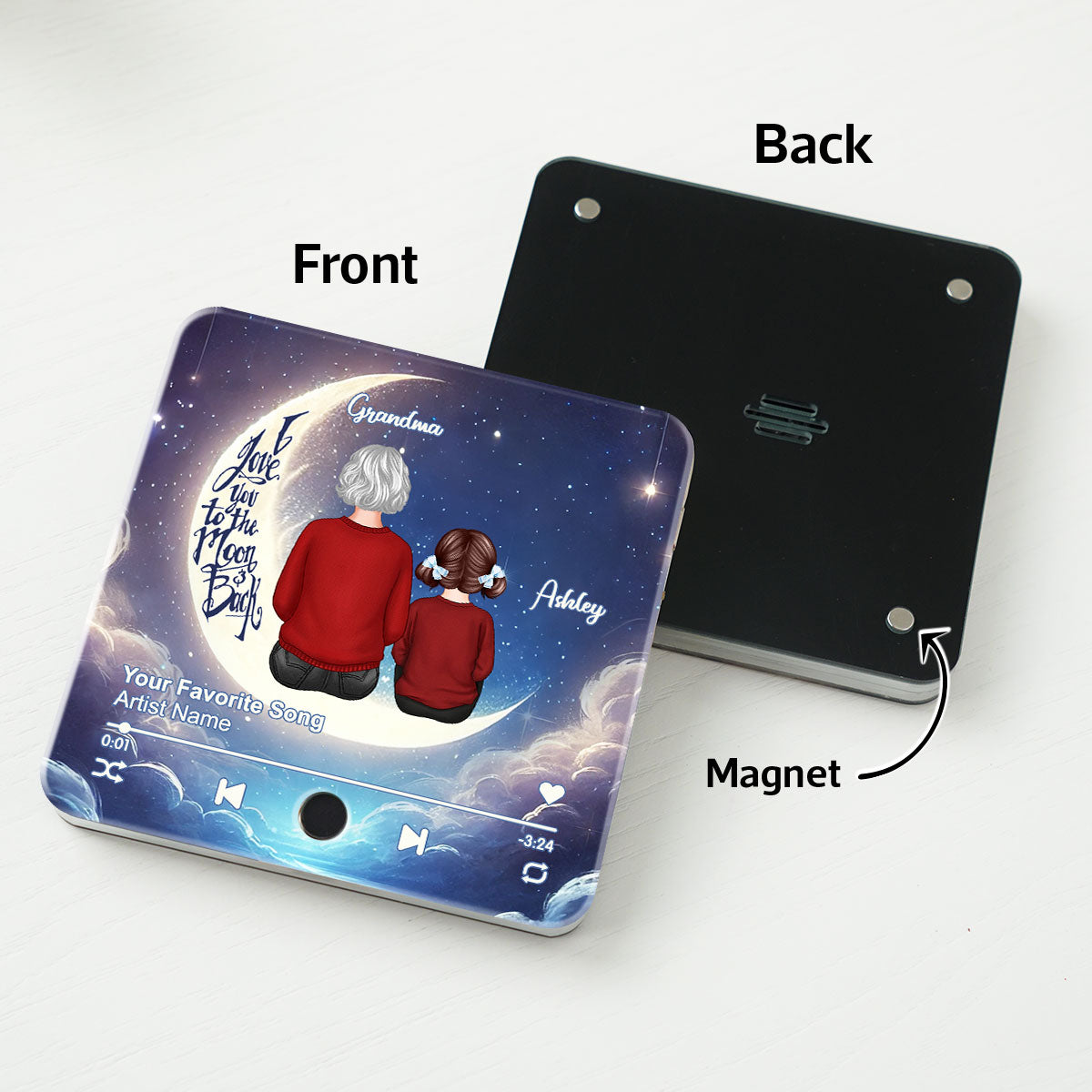 Grandma & Grandkids Sitting On The Moon Personalized Music Fridge Magnet, Perfect 2025 Gift For Mom For Grandma