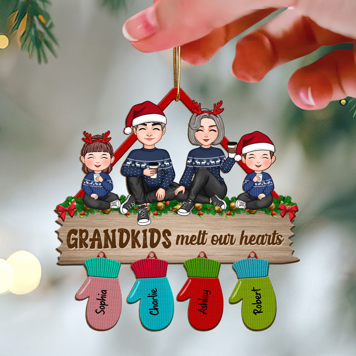 Grandma Grandpa Grandkids Sitting Christmas Glove Personalized Wooden Ornament