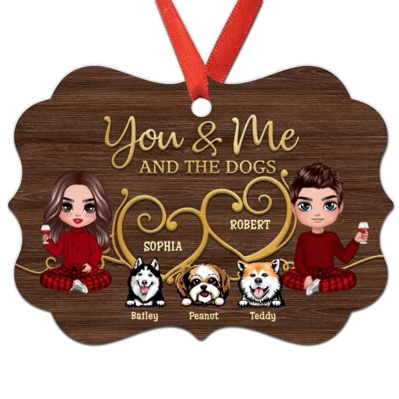 Couple And Dogs Wooden Heart Personalized Christmas Ornament