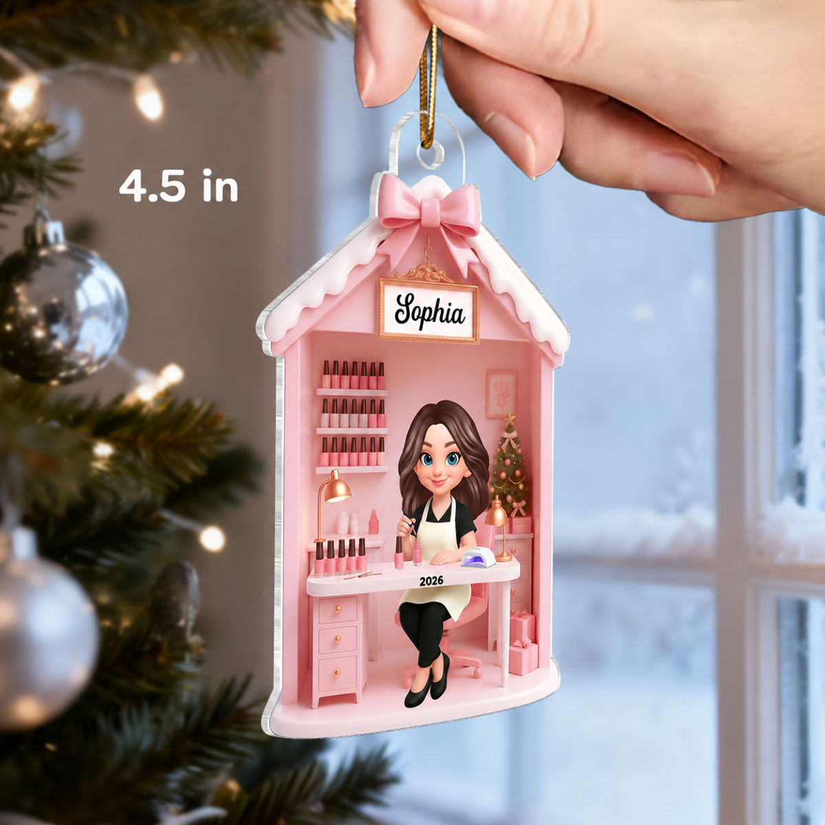 3D Effect Christmas Nail Technician In Salon - Personalized Acrylic Ornament - Gift For Nail Technician, Nails Decor, Beauty Salon, Woman, Girl