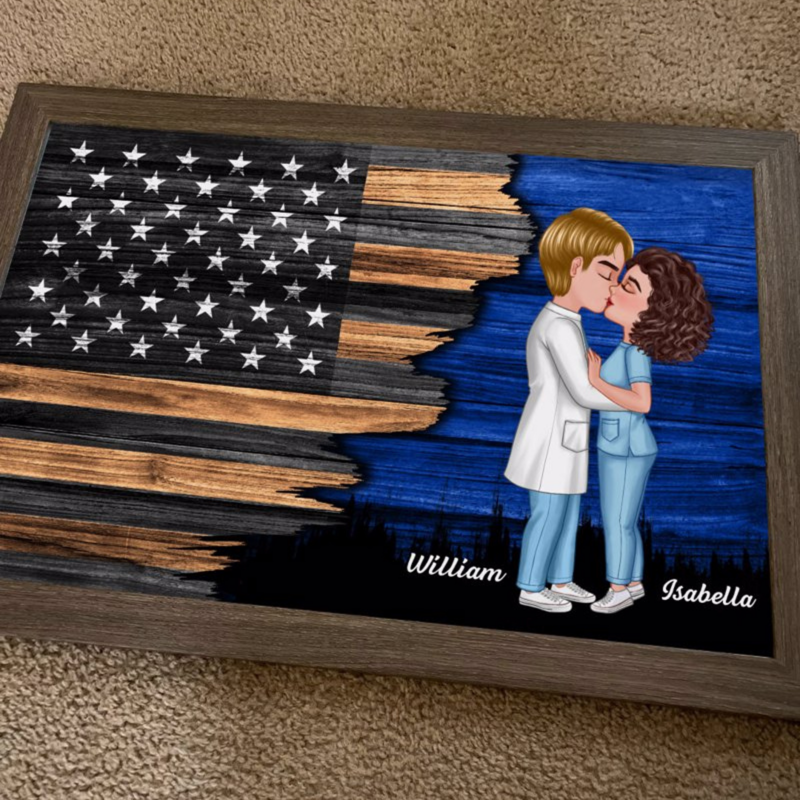 Hero Couple Kissing Half Flag Gifts by Occupation Firefighter, Nurse, Police Officer - Personalized Poster