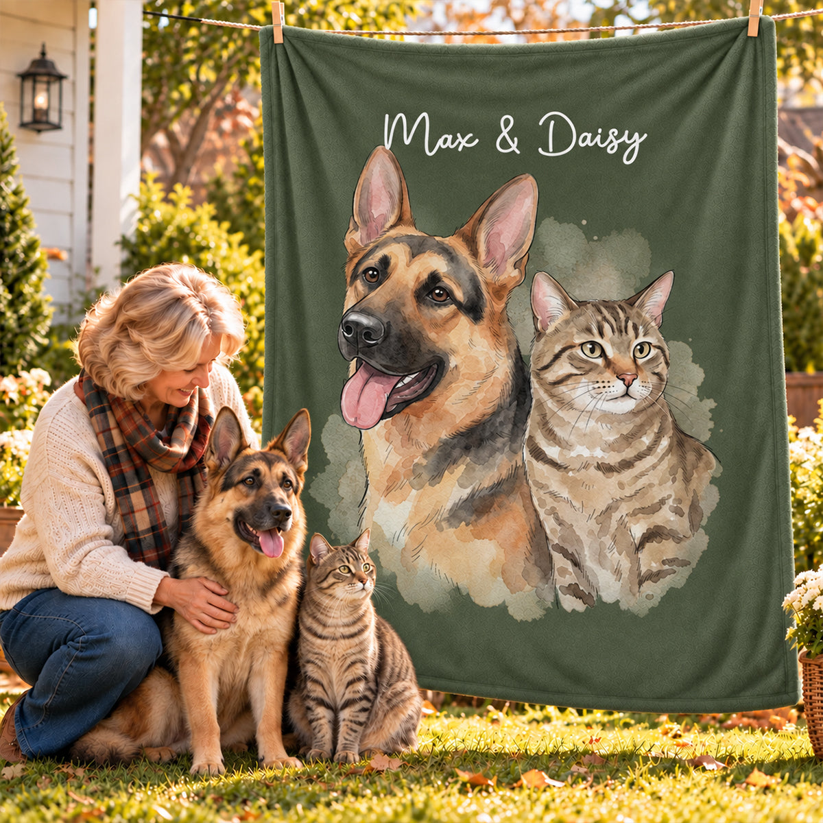 Custom Pet Watercolor Portrait from Photo - Personalized Fleece Blanket - Christmas Gift for Dog Cat Lovers
