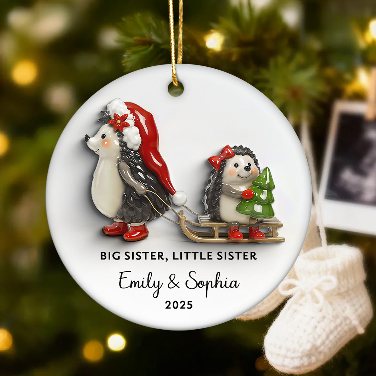 Big Sister Little Sister 3D Effect Cute Hedgehog - Personalized Ceramic Ornament - Proud New Big Sister Gift For Daughter, Granddaughter