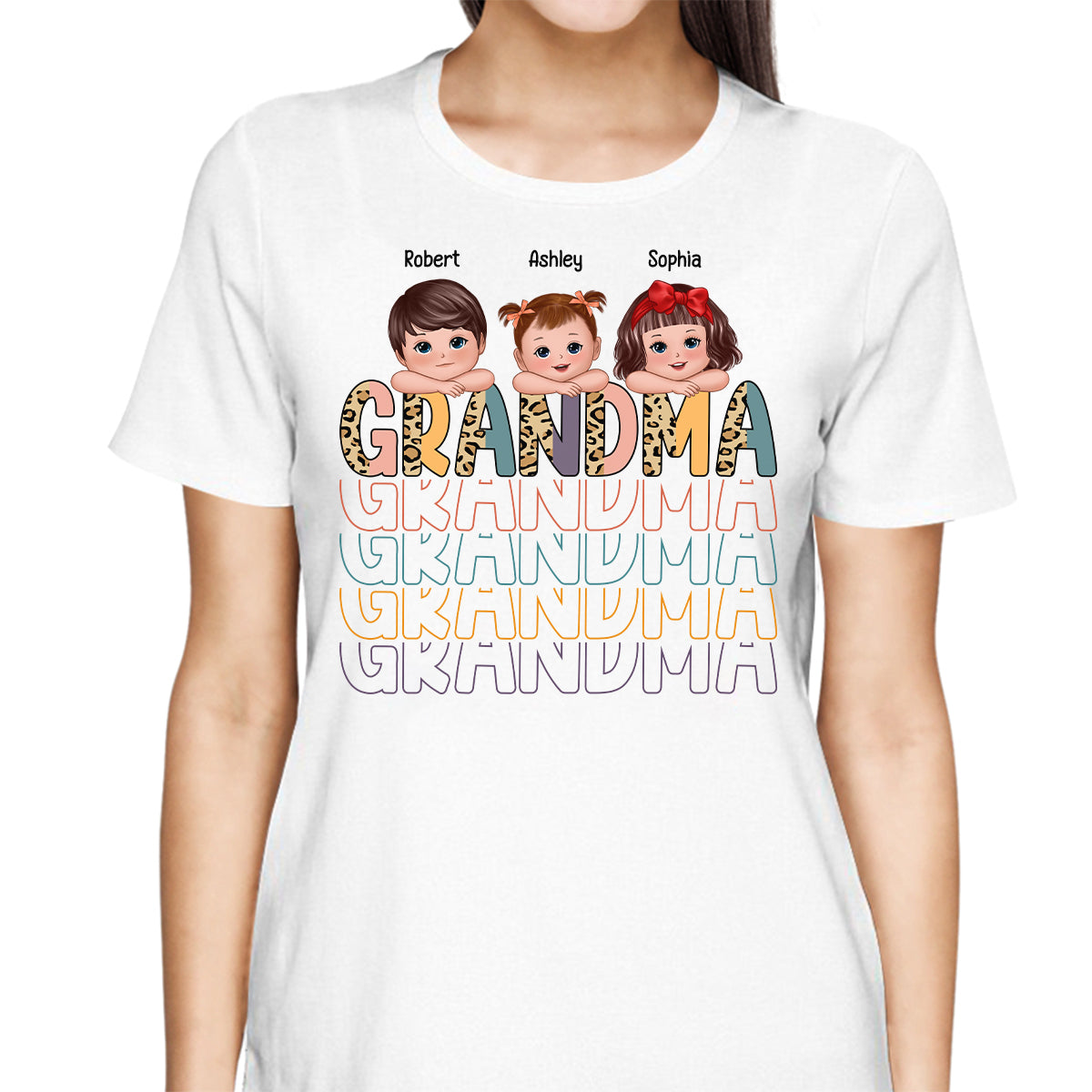 Shadow Retro Half Leopard Grandma Grandkids Laying Head On Arms Personalized Shirt