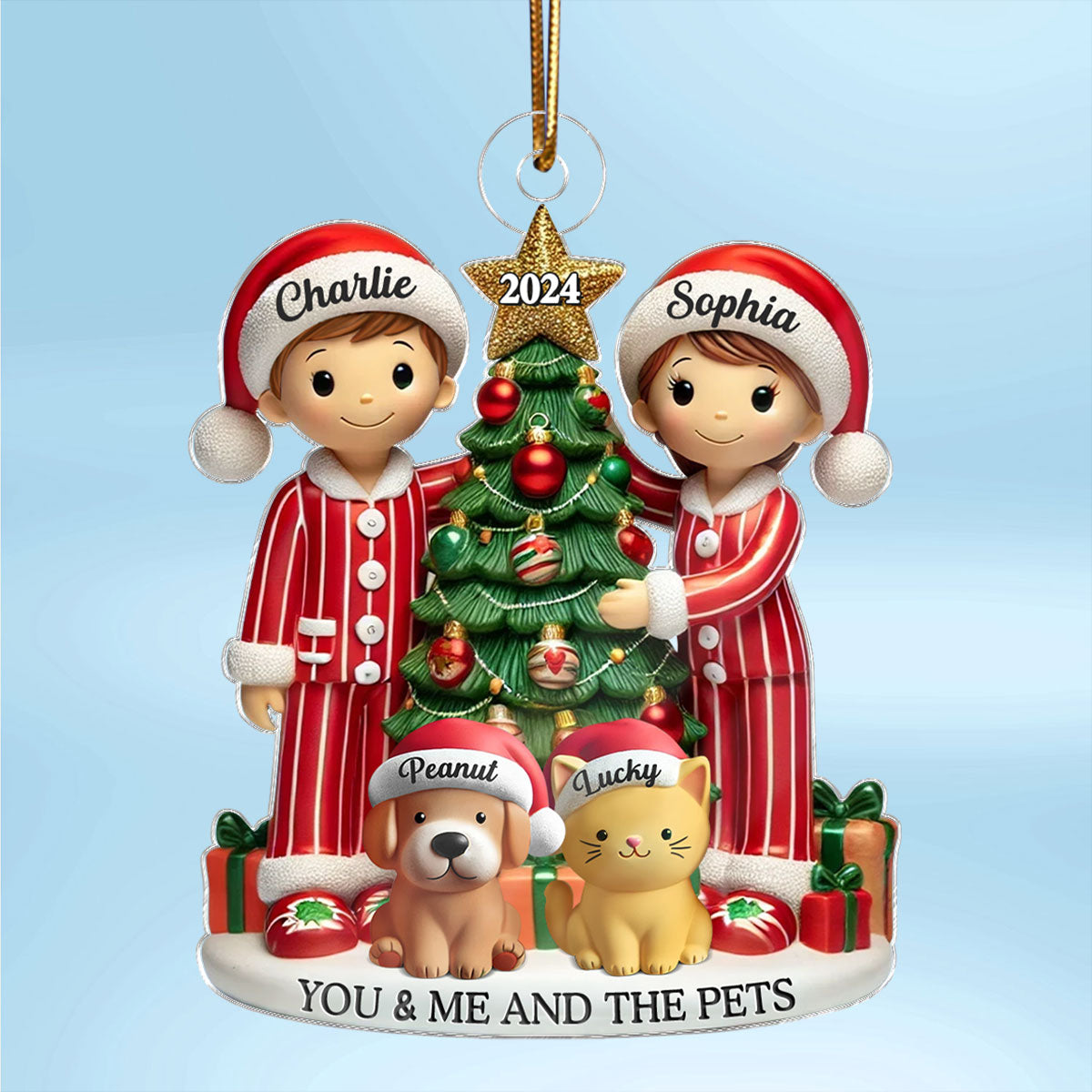 Couple Decorating The Christmas Tree With Dogs Cats Personalized Acrylic Ornament, Gift For Cat Lovers, Dog Lovers