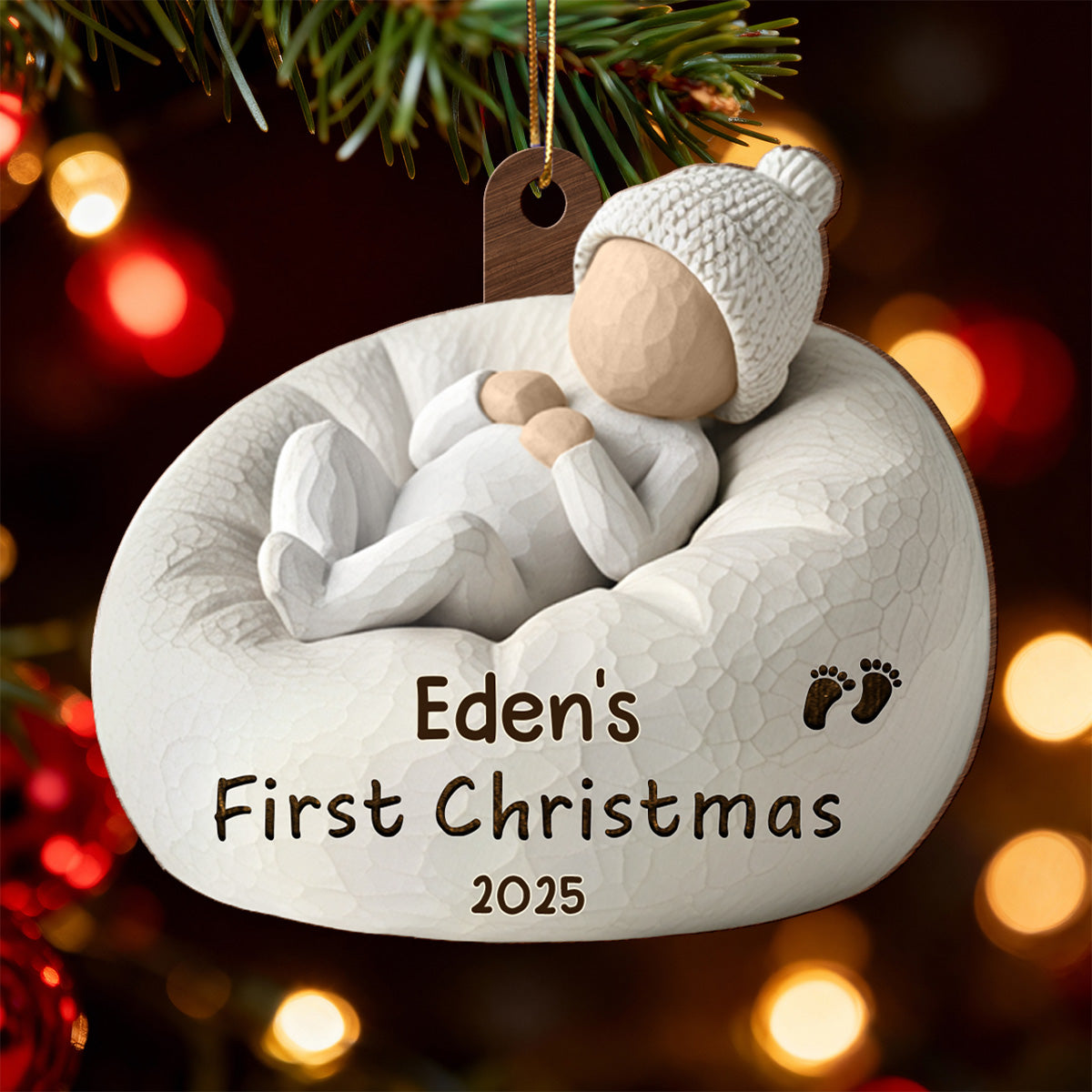 3D Effect Baby's First Christmas Baby On Beanbag Chair - Personalized Wooden Ornament