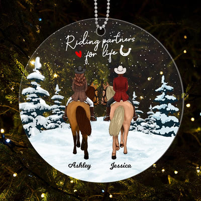 Horse Riding Friends Back View In Snow Personalized Acrylic Ornament
