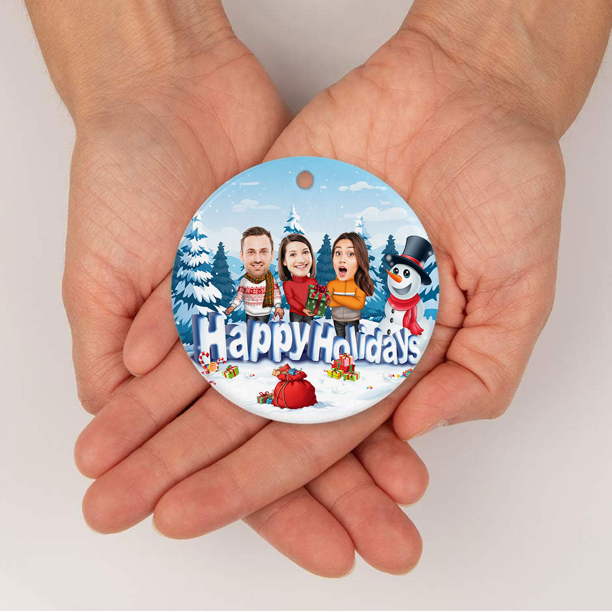 Happy Holiday Funny Family, Custom Photo Ornament, Personalized Family Photo Circle Ceramic Christmas Ornament, Family Keepsake