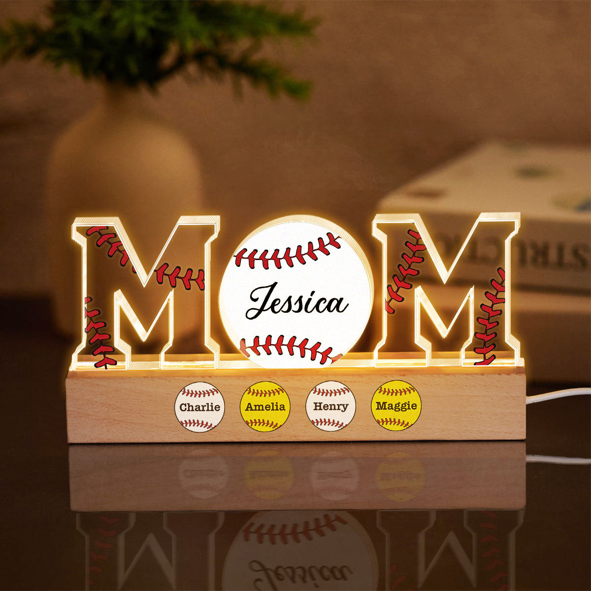 Baseball Softball Mom Kids Names Personalized Acrylic Block LED Night Light