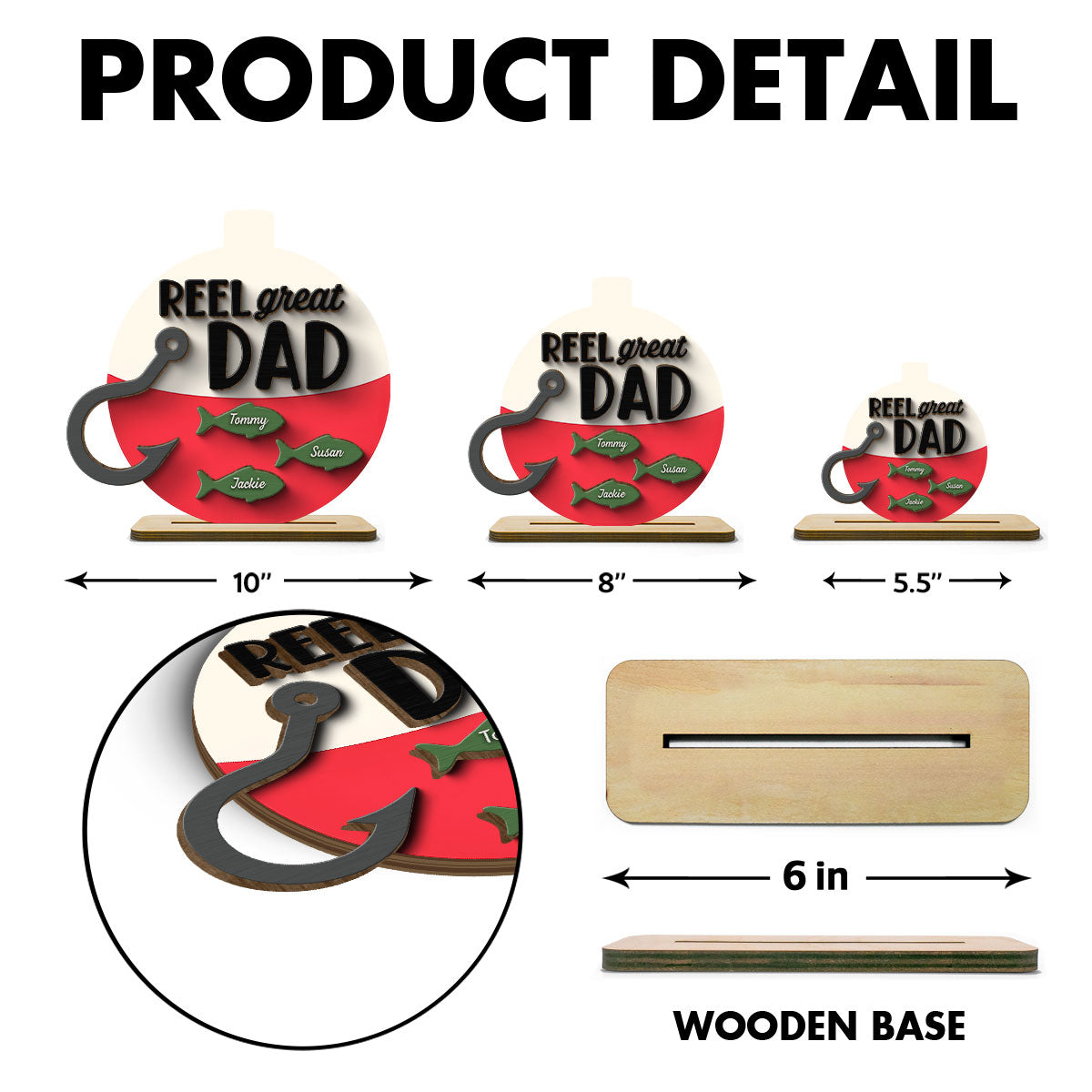 Reel Great Dad Grandpa Personalizd 2-Layer Standing Wooden Plaque, Father's Day gift for Fishing Dad Grandpa