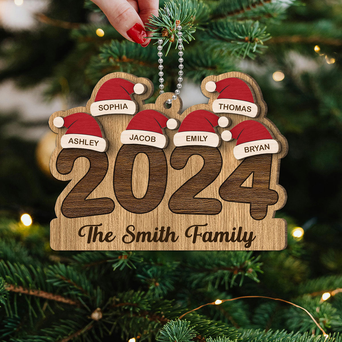 2024 Family Members Names Christmas Hat Personalized 2-Layer Wooden Ornament