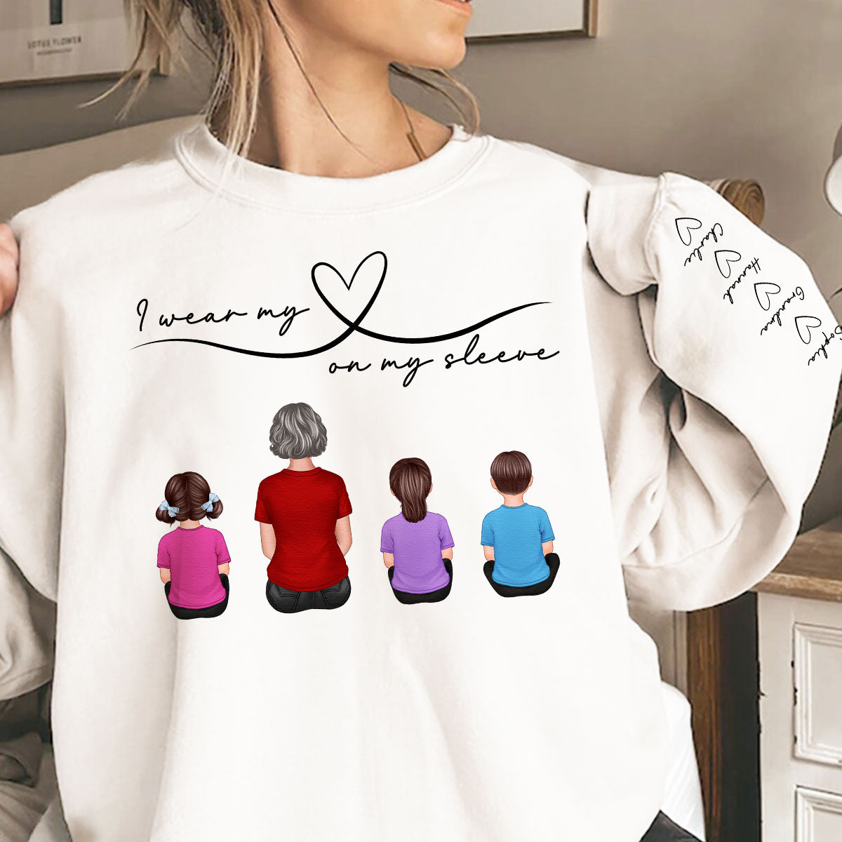 Grandma Mom Wear Her Heart On Her Sleeve, Beautiful Heart Design, Personalized Sleeve Printed Sweatshirt