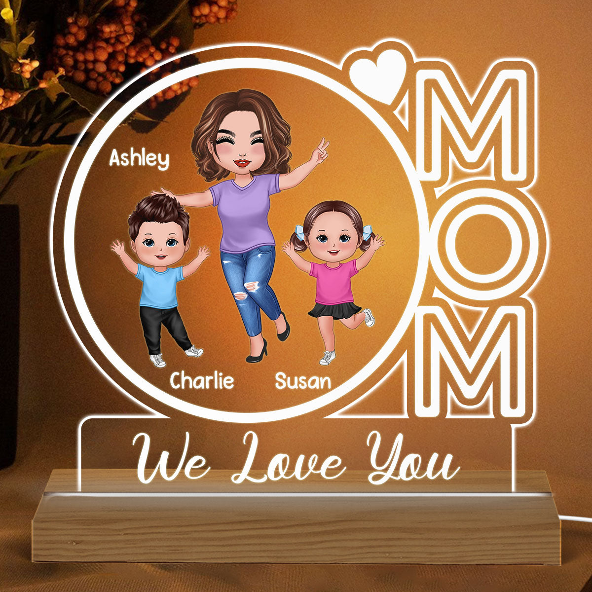 MOM We Love You Happy Woman & Kids Personalized Custom Shape Acrylic Plaque With Warm LED Night Light
