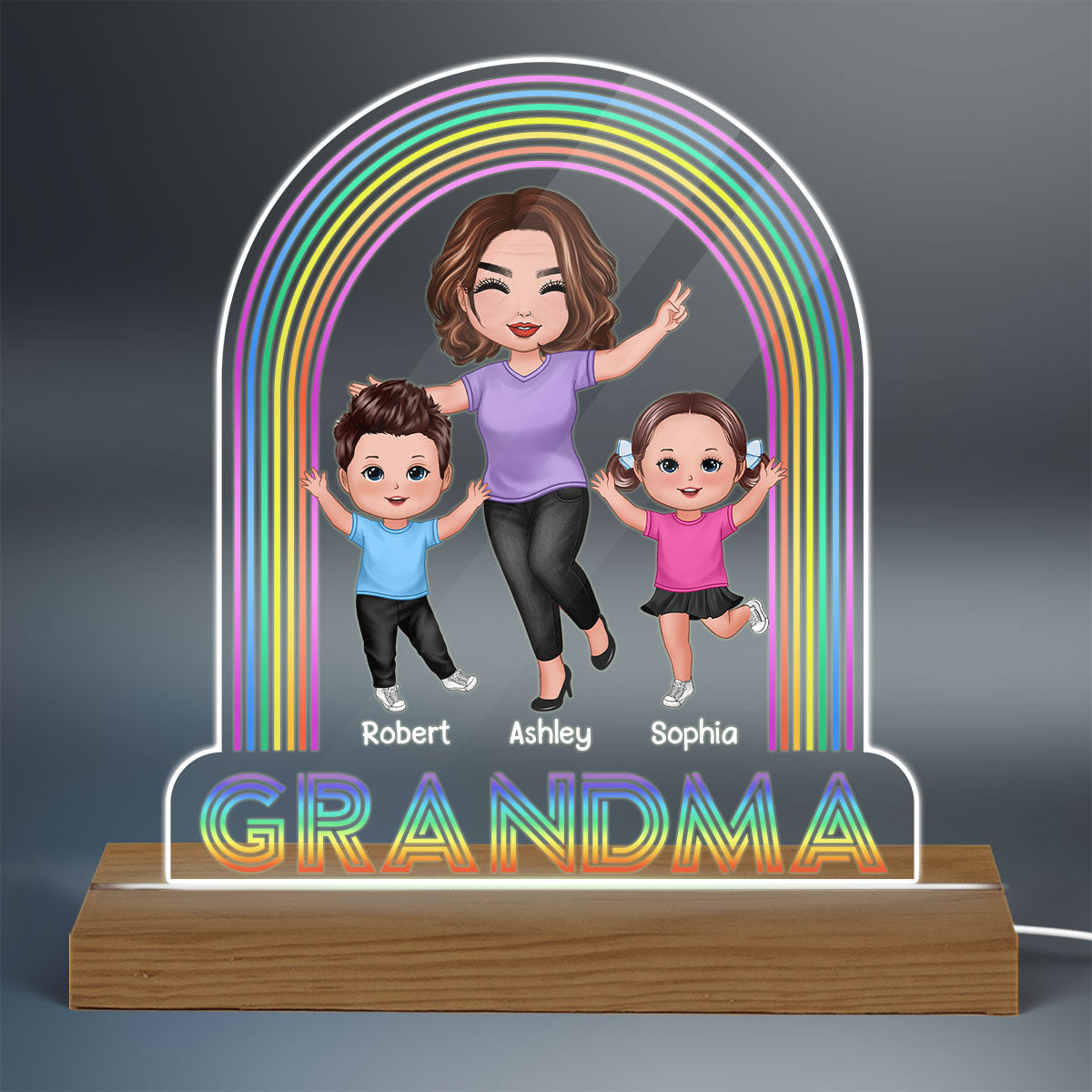 Happy Doll Grandma Grandkids Under Rainbow Personalized Custom Shaped Acrylic Plaque With Warm LED Night Light