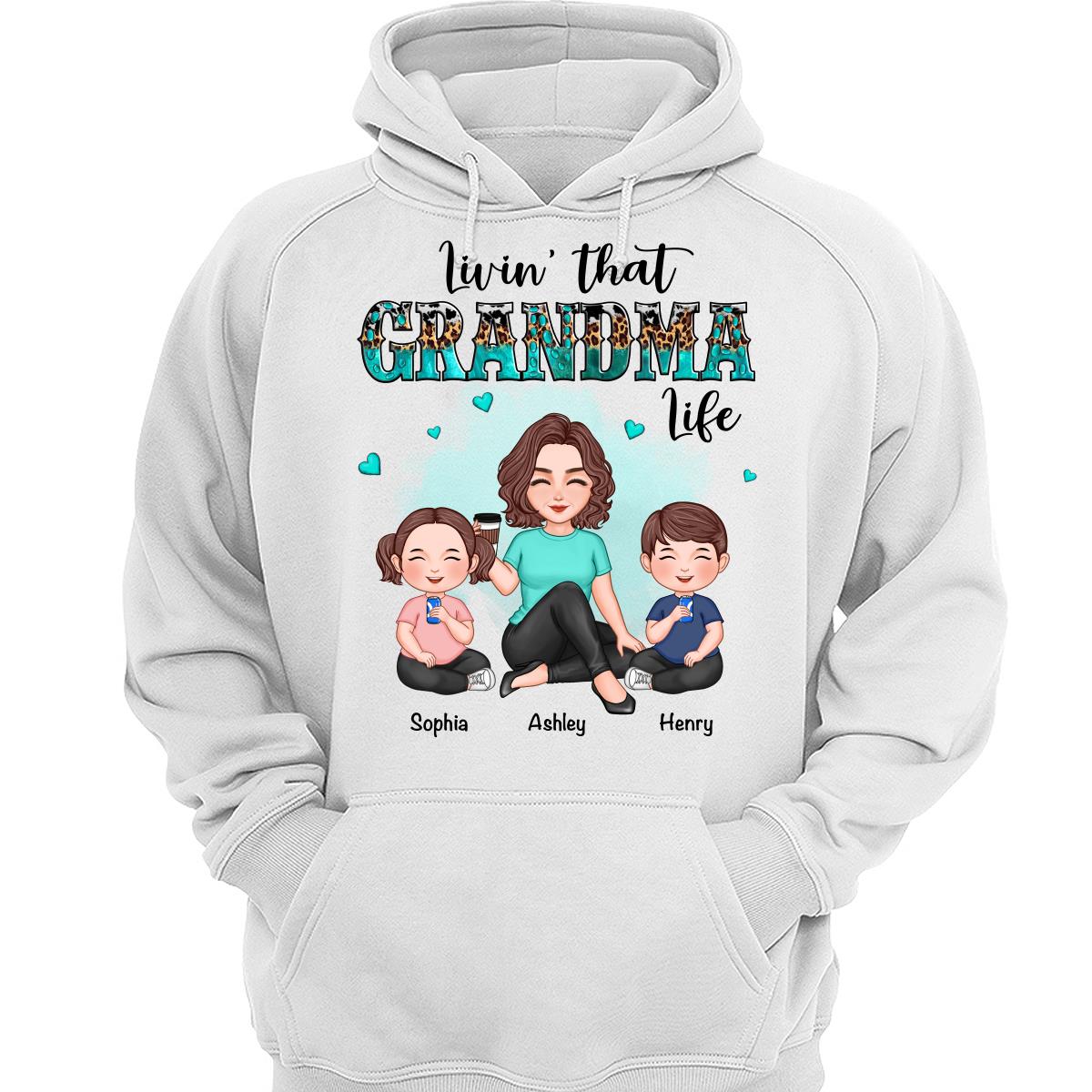 Livin‘ That Grandma Life Teal & Leopard Cute Grandkid & Grandma Personalized Shirt