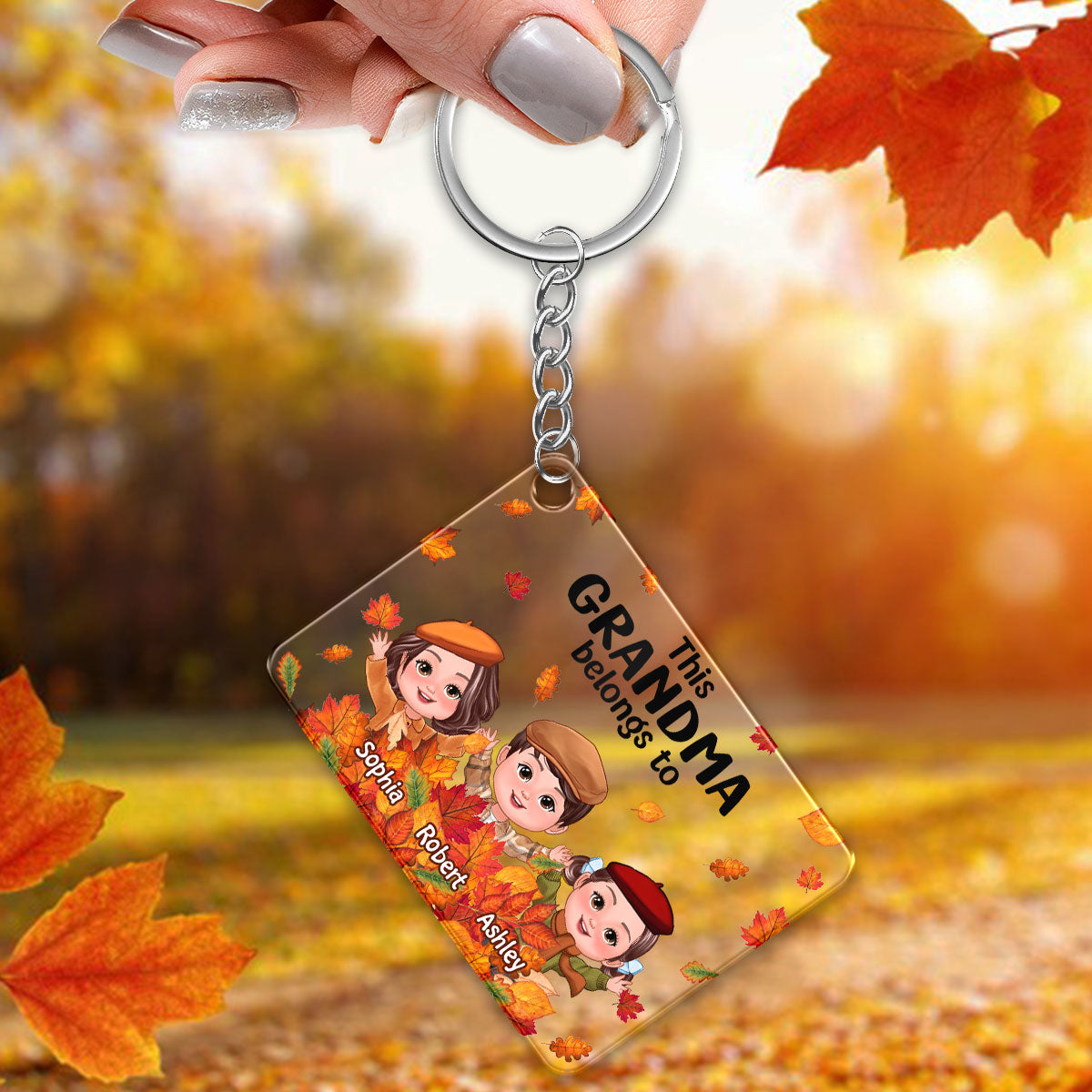Fall Season Kids Playing In Leaf Pile Grandma Mom Personalized Acrylic Keychain