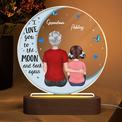 Grandma Hugging Grandkids Blue Moon Personalized Circle Acrylic LED Lamp Night Light