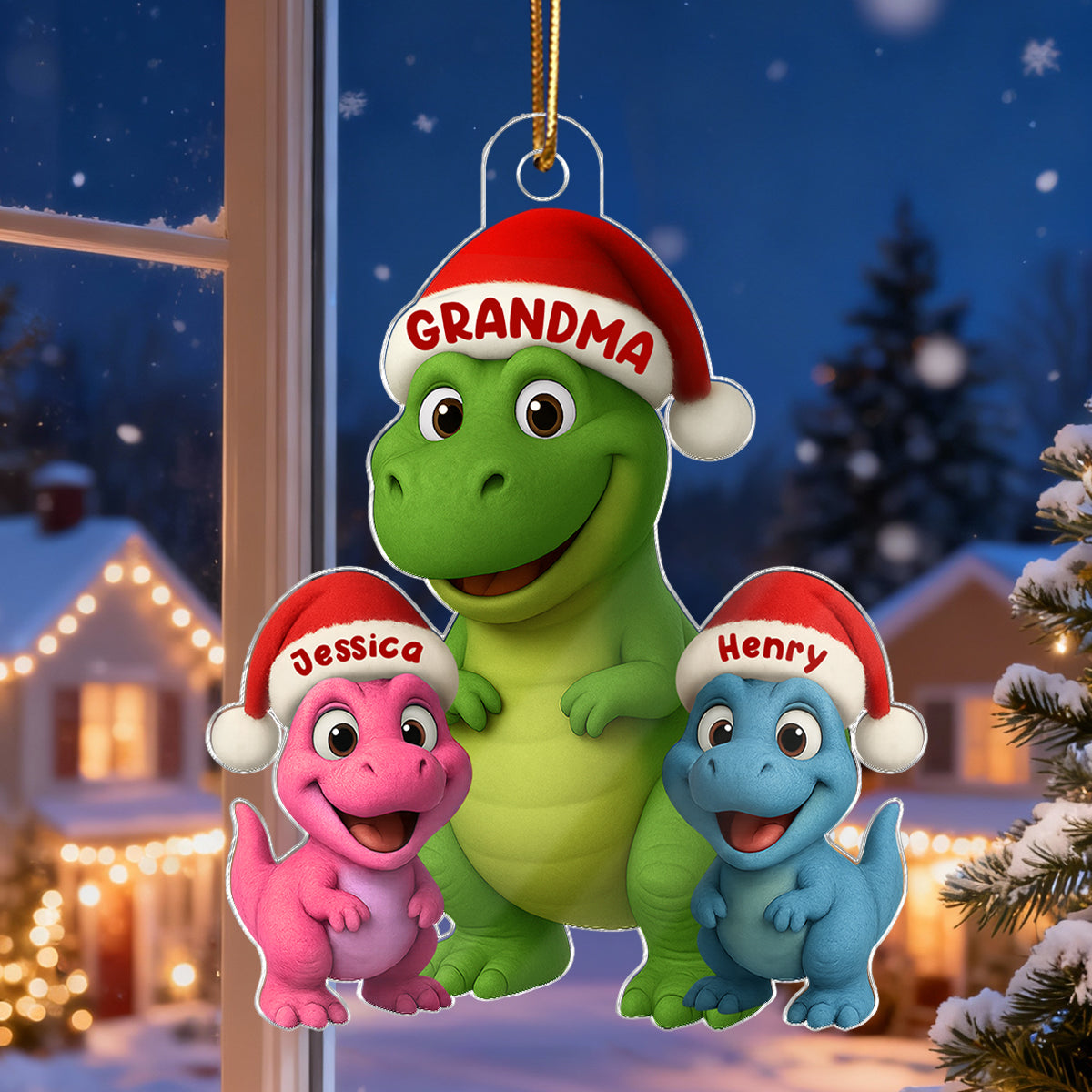 3D Effect Cute Christmas Dinosaur Grandmasaurus And Grandkids - Personalized Acrylic Ornament - Gift For Grandkids, Grandmas