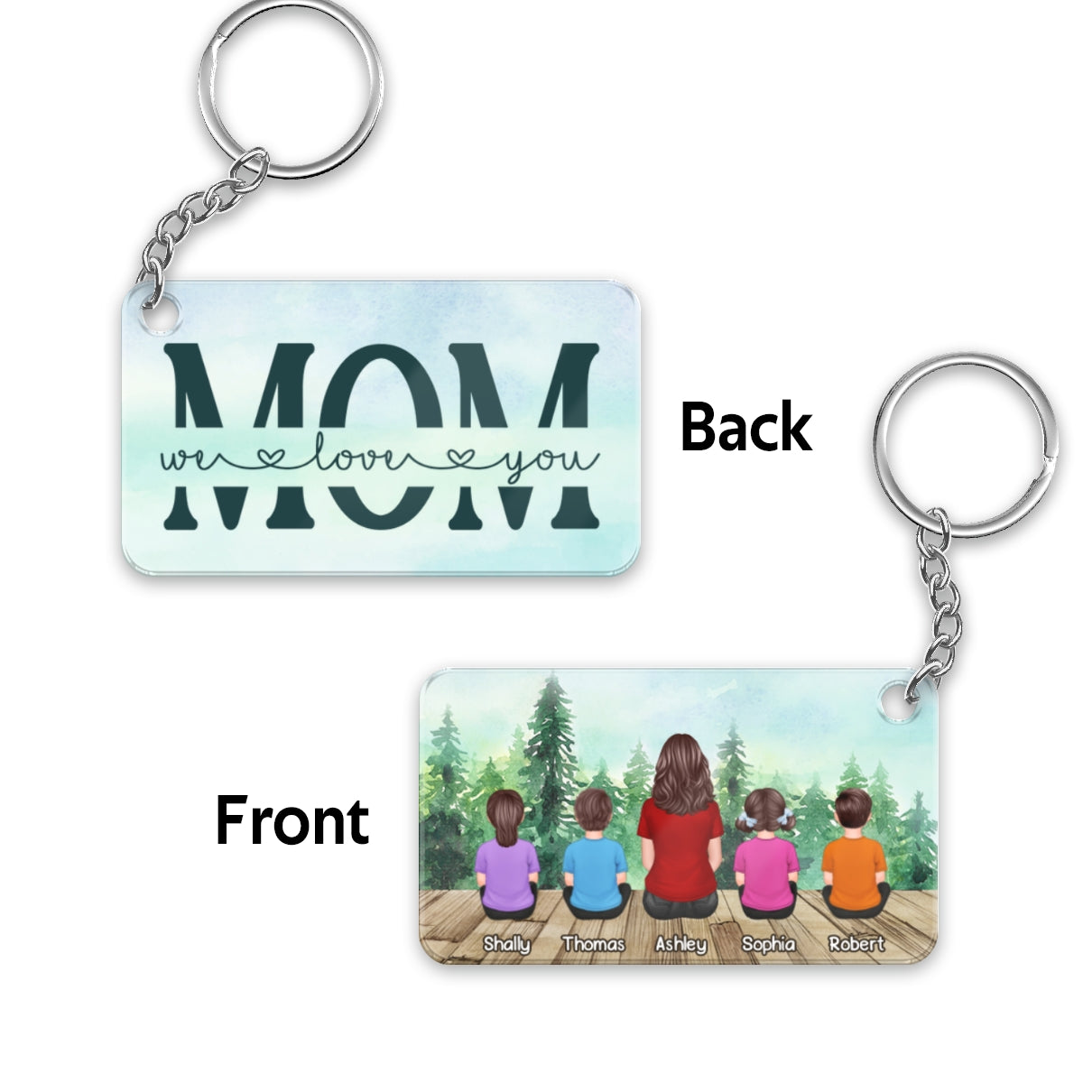 Mom And Kids Back View Sitting Forest Personalized Acrylic Keychain