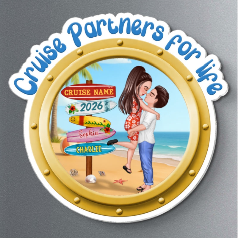 Cruise Partners For Life Porthole Doll Couple Hugging Kissing At Beach - Personalized Cruise Ship Door Magnet