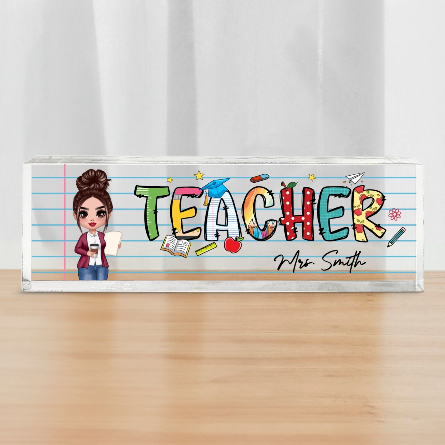 Teacher Beautiful Patterned Personalized Acrylic Desk Name Plate, Gift For Teacher, Office Decor